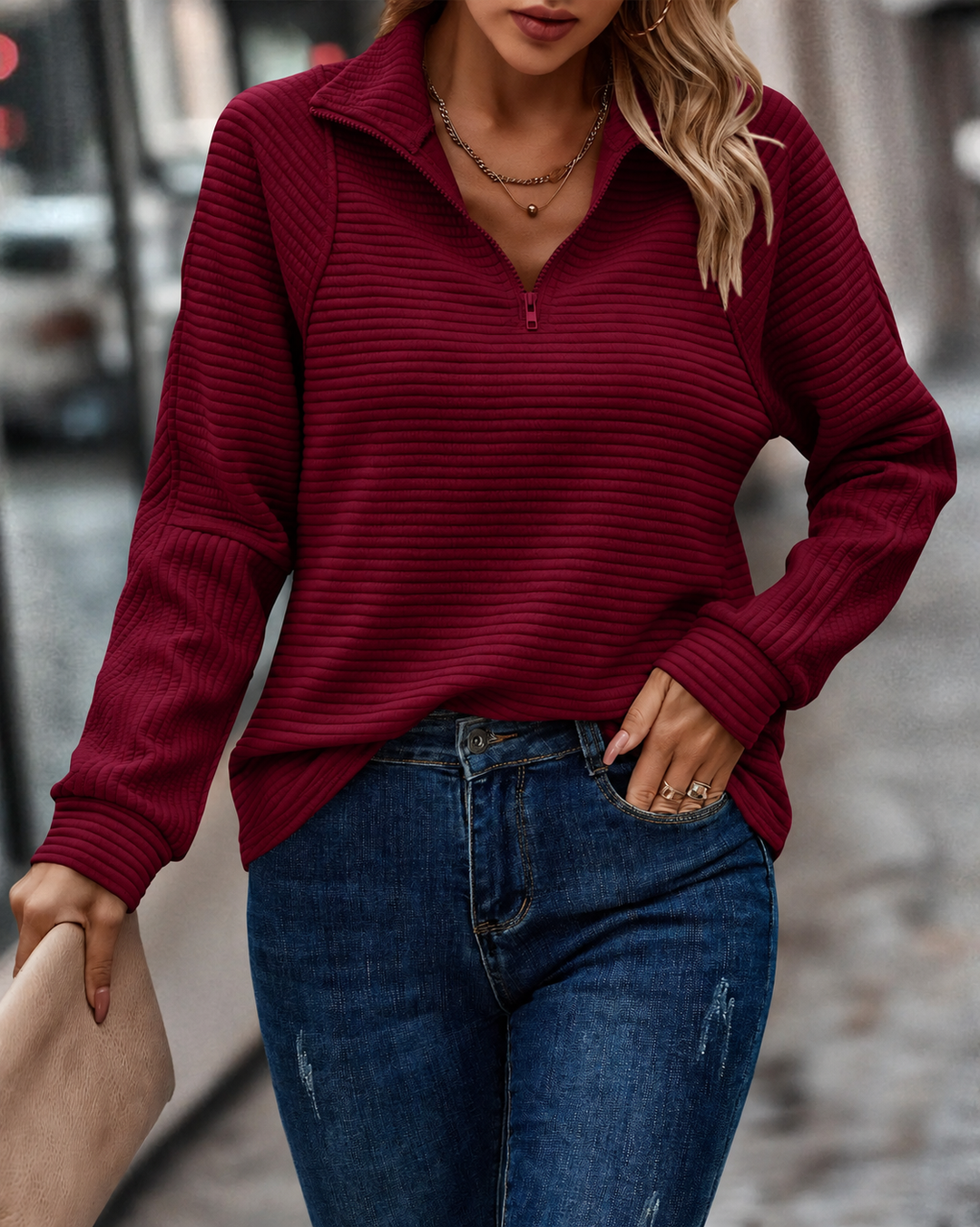 Dopasowany sweter z zamkiem, czerwony