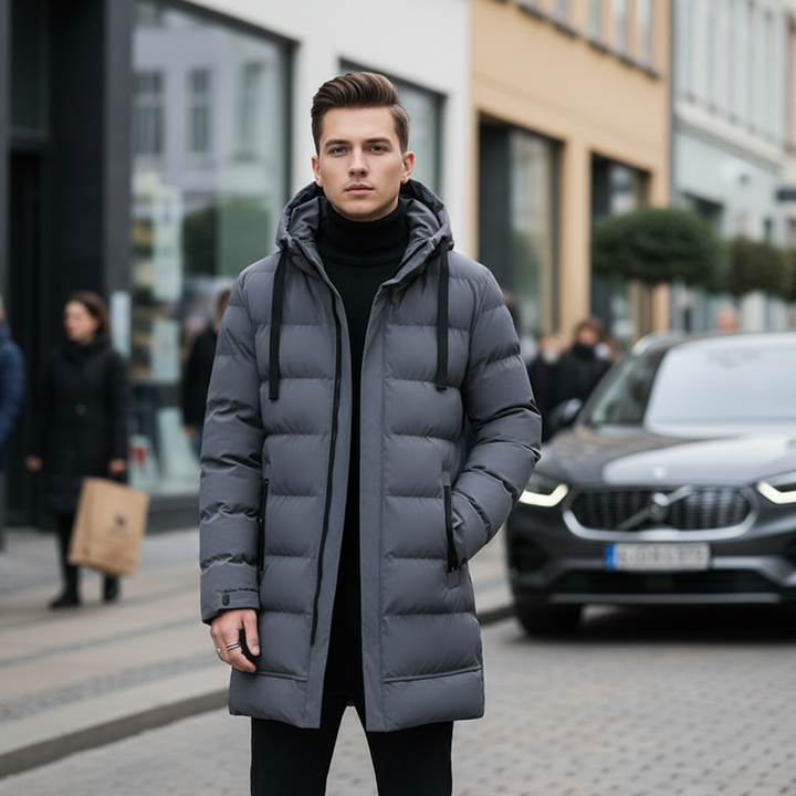 Leon | Długa pikowana kurtka męska z kapturem – zdjęcie 3